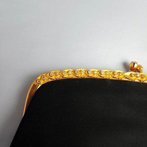 Vtg Harry Levine Black Satin Evening Clutch HL 24K Gold Plated Rhinestones Folds - Picture 3 of 16